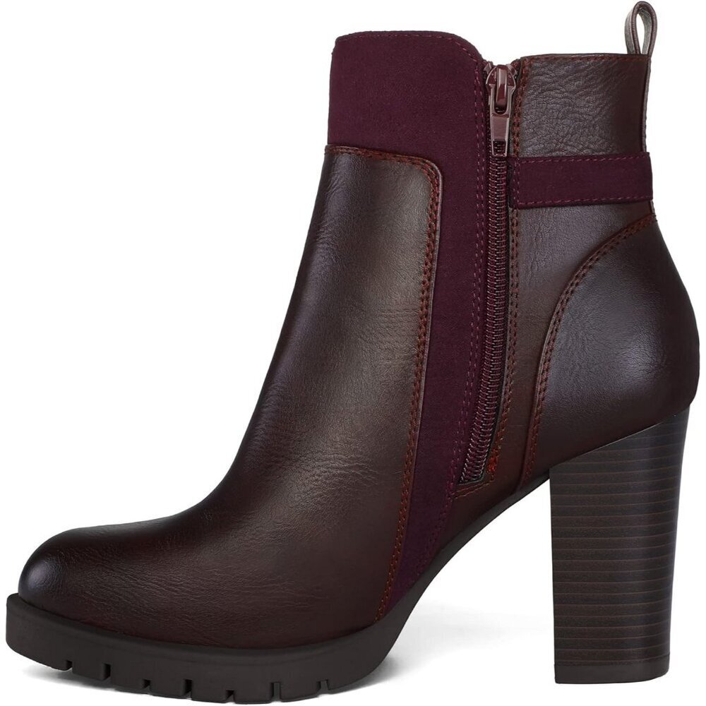 Women's Burgundy Mysoft Ankle Boots Stacked Heel Zipper Booties in Wide Sizes - Picture 6 of 6